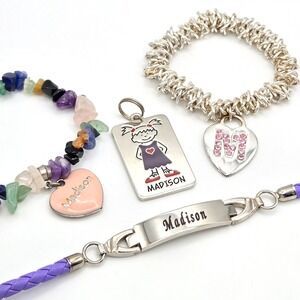 Personalized Name 'Madison' Charm Bracelet Set Girl Silver Tone Gemstone Enamel